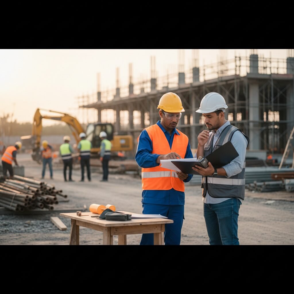 Inspecteur vérifiant des documents sur un chantier avec un responsable.