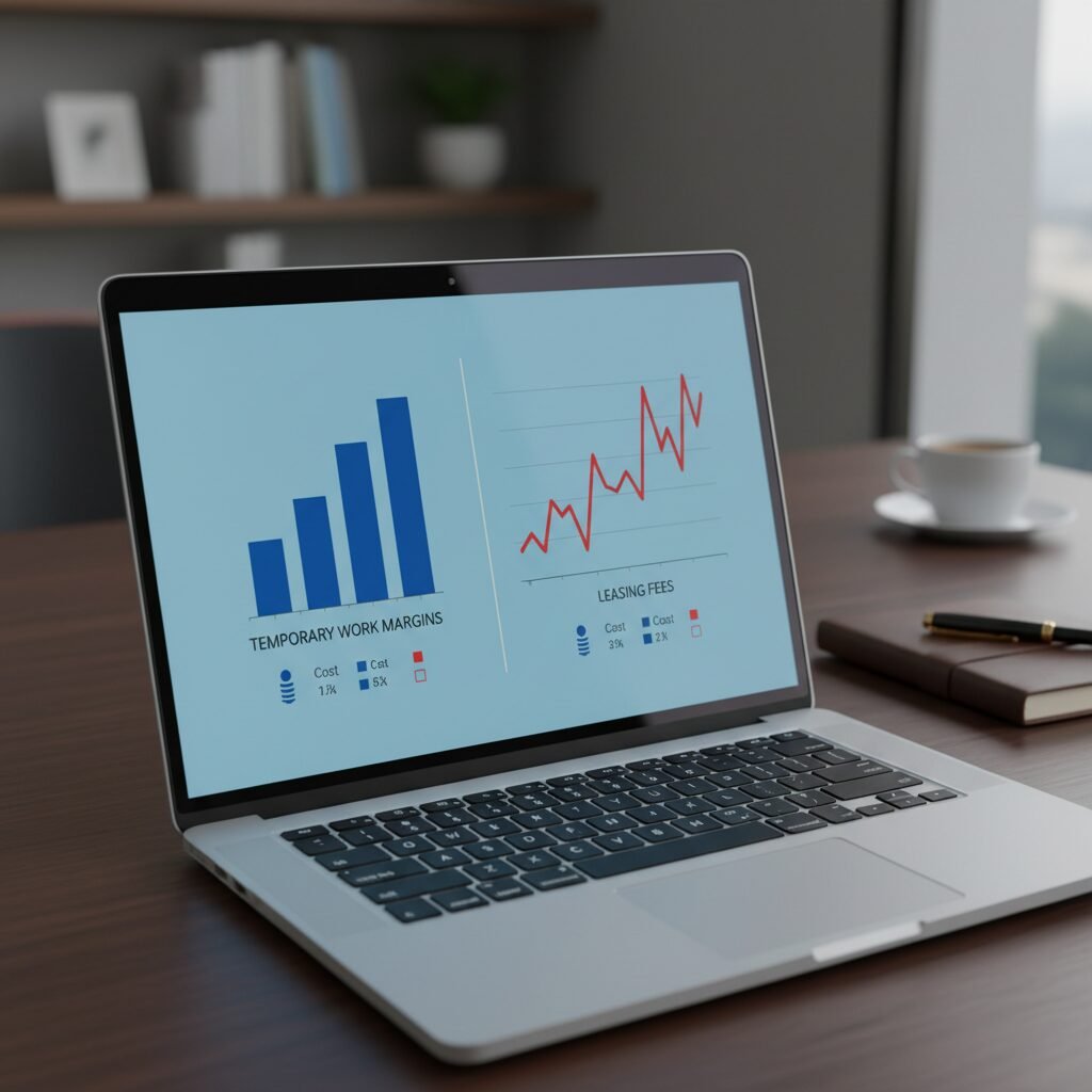 Analyse comparative des coûts des marges intérims et des frais de leasing sur un écran.