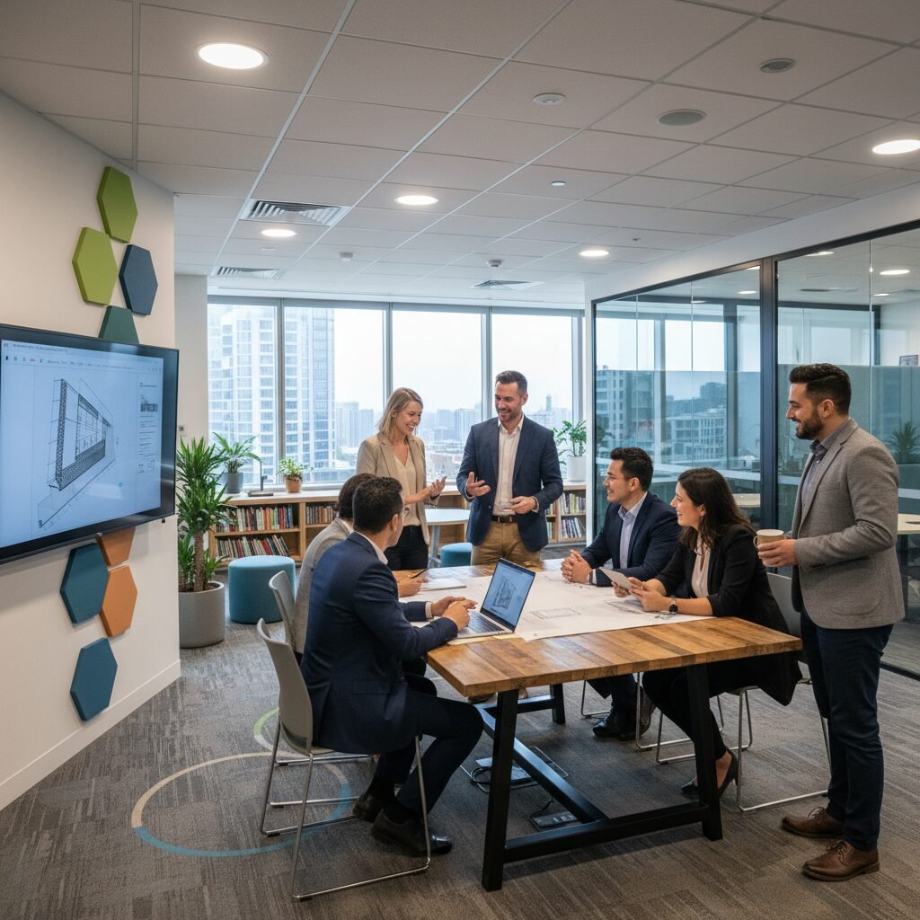 Équipe diversifiée travaillant ensemble dans un bureau moderne.