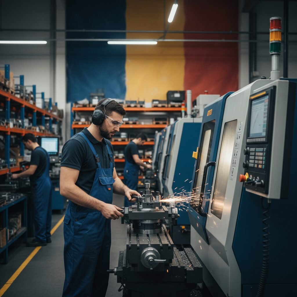 Ouvrier spécialisé utilisant une machine de précision dans un entrepôt.