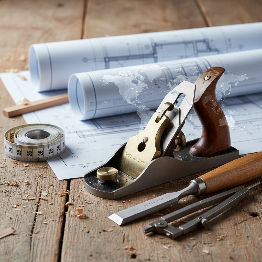 Outils de menuisier et plans d'architecte sur une table en bois.
