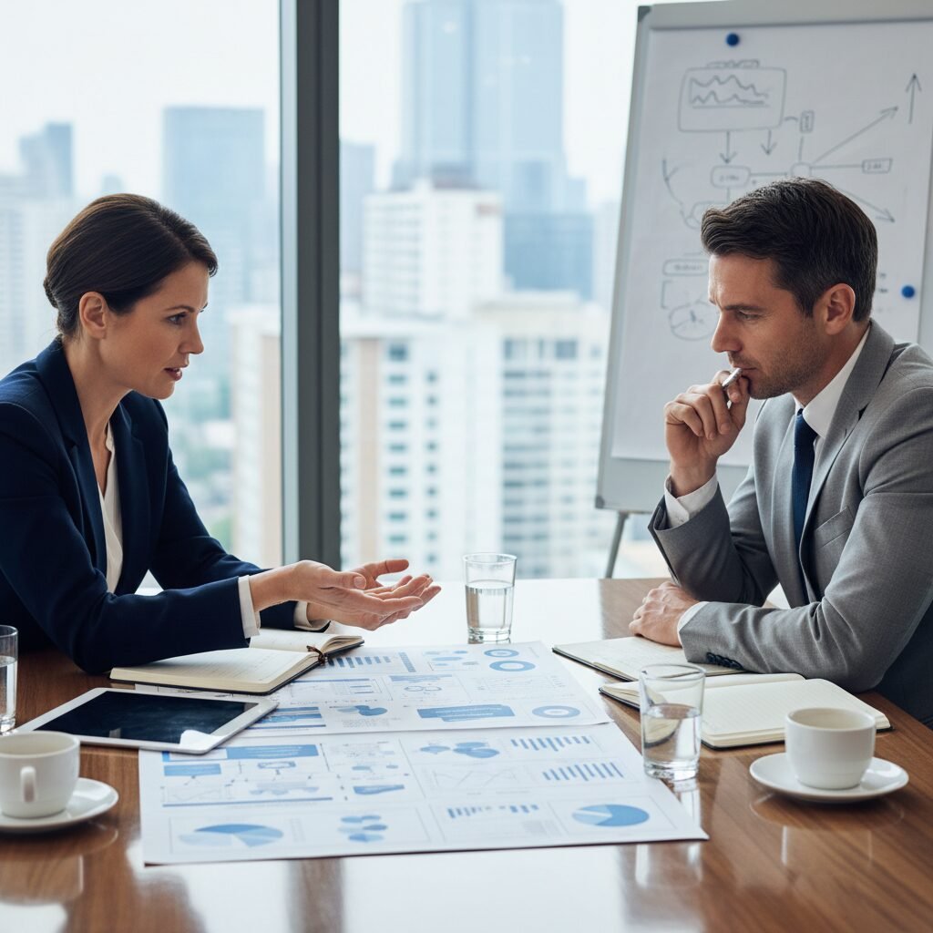 Réunion stratégique sur la planification des effectifs avec un consultant RH et un directeur de PME.