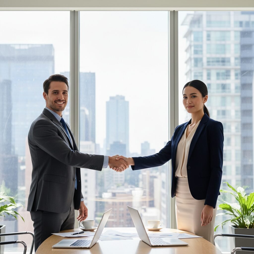 Professionnels se serrant la main, signe d'un partenariat réussi.