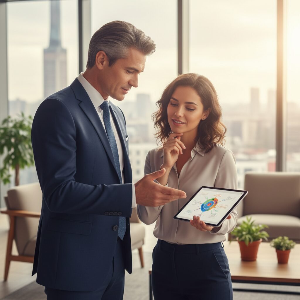 Manager français expliquant des directives à un employé roumain sur tablette.