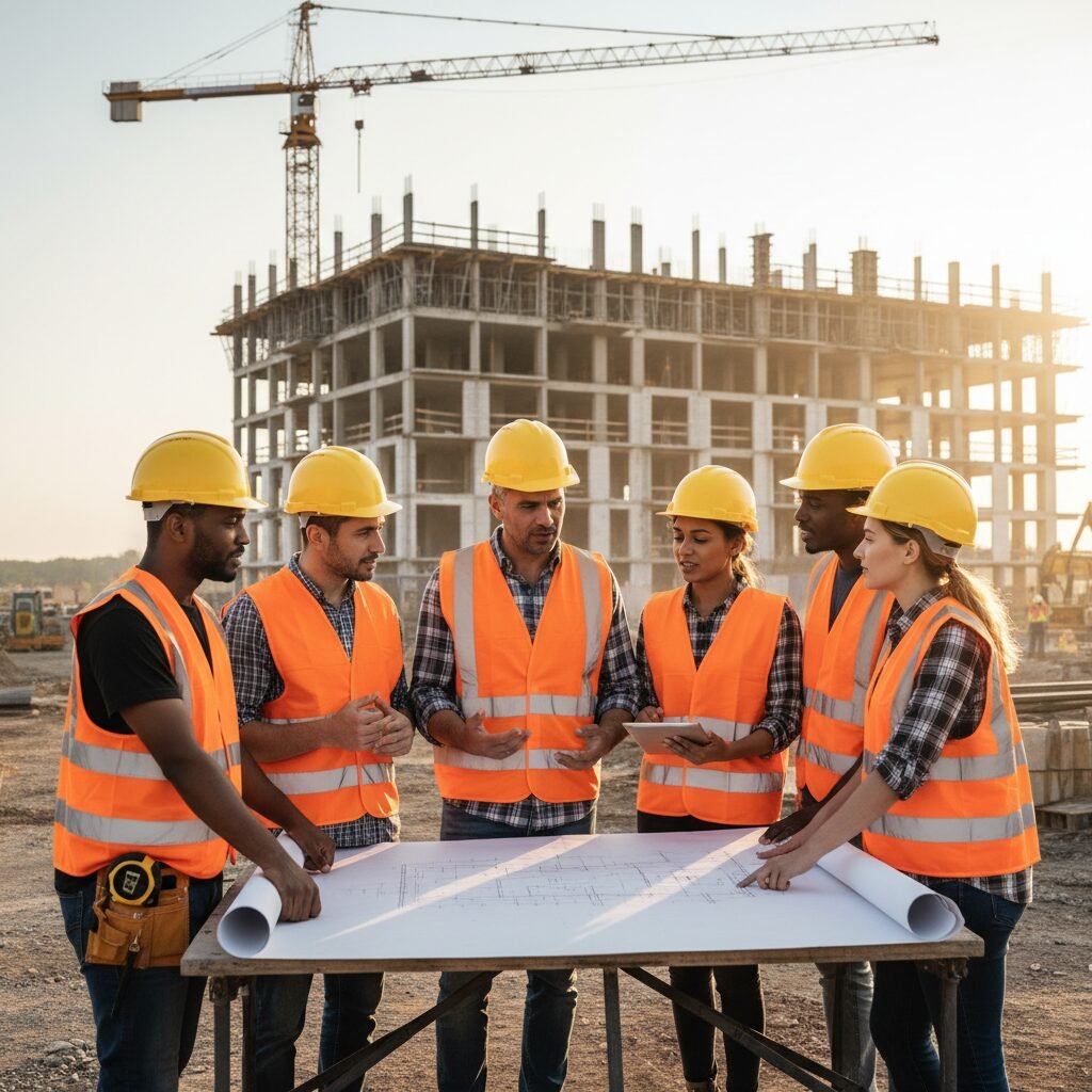 Équipe de chantier, française et roumaine, discutant d'un projet.