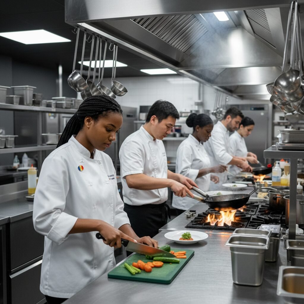 Cuisine d'hôtel dynamique avec équipe multiculturelle et assistant roumain.
