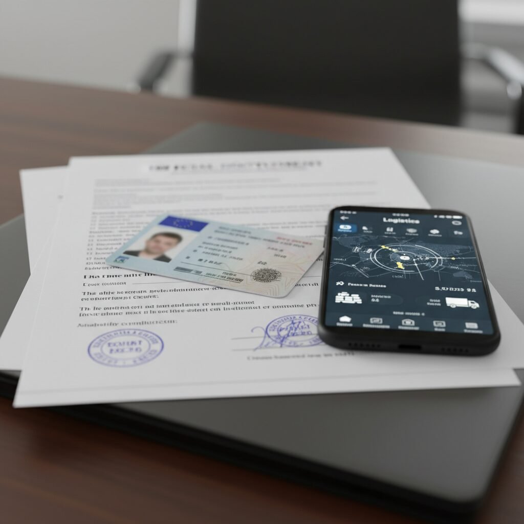 Documents de transport, carte de conducteur et smartphone avec application logistique.