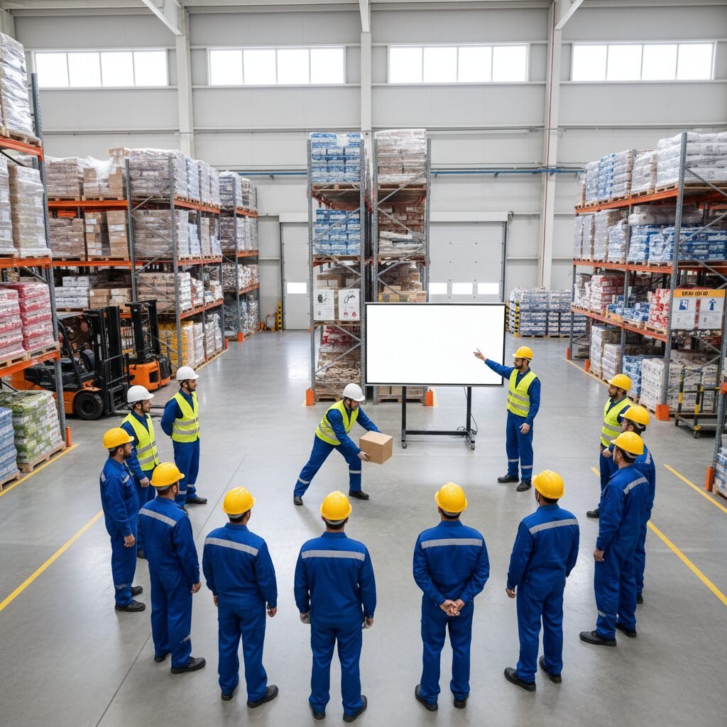 Formation sécurité pour intérimaires en entrepôt moderne.