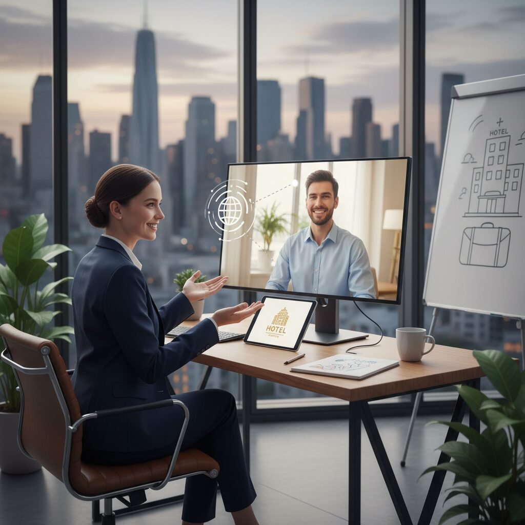 Recruteur en visio interviewant un candidat pour un poste en hôtellerie.