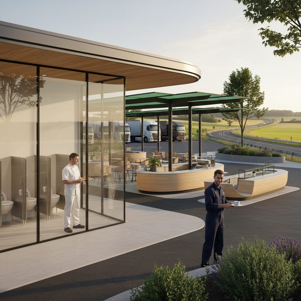 Aire de repos moderne en France avec sanitaires et espace restauration.