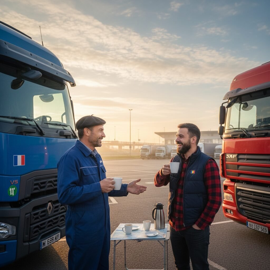 Integration réussie : chauffeurs français et roumain discutant.